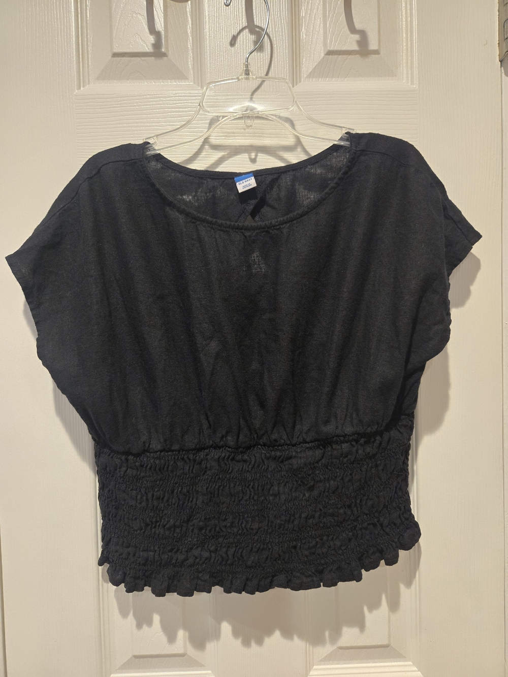 Old Navy Black Linen-Blend Short-Sleeve Smocked Top Size L Wide Crew Neckline